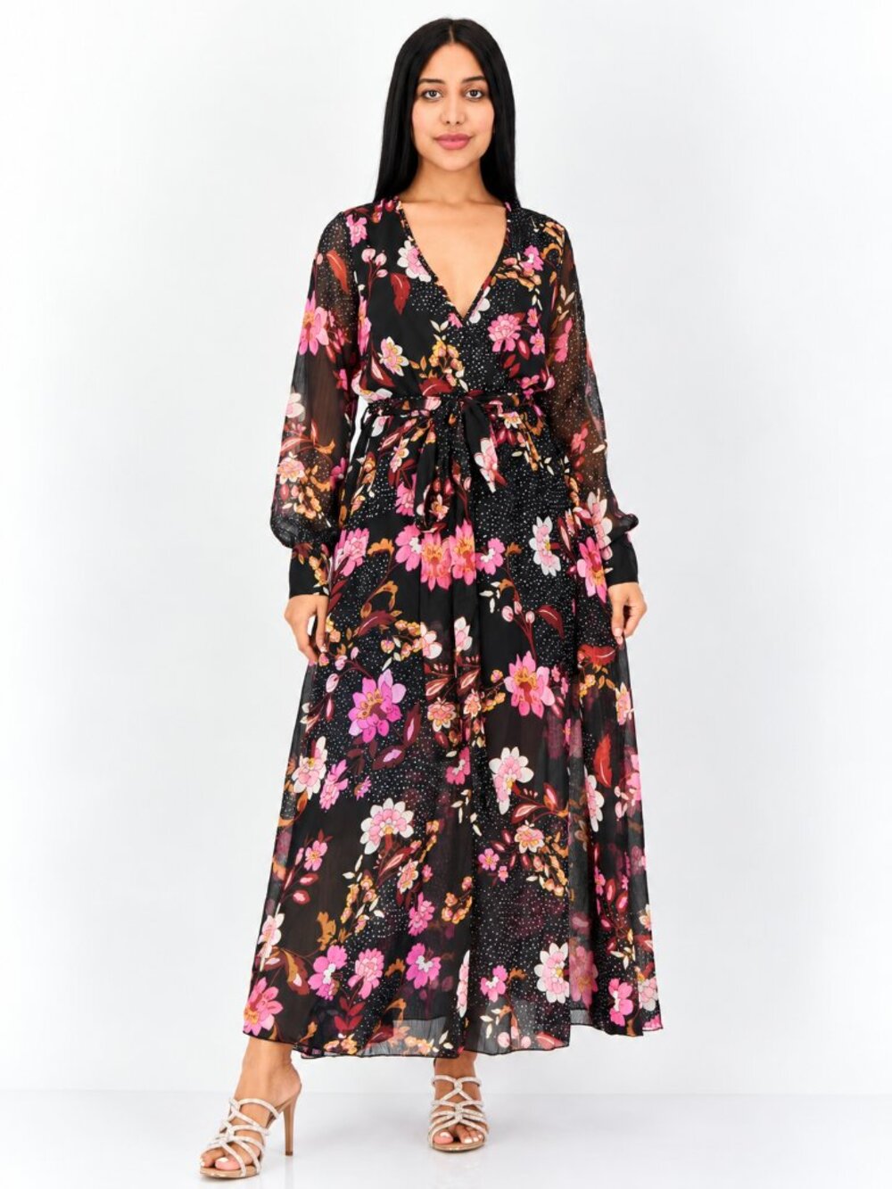 Bandolino Rust Boho Patch Floral Maxi Dress Sheer Long Sleeve M NWOT